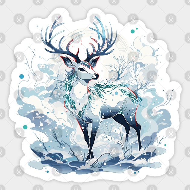 Mythical Deer in Winter Wonderland Sticker by etherElric